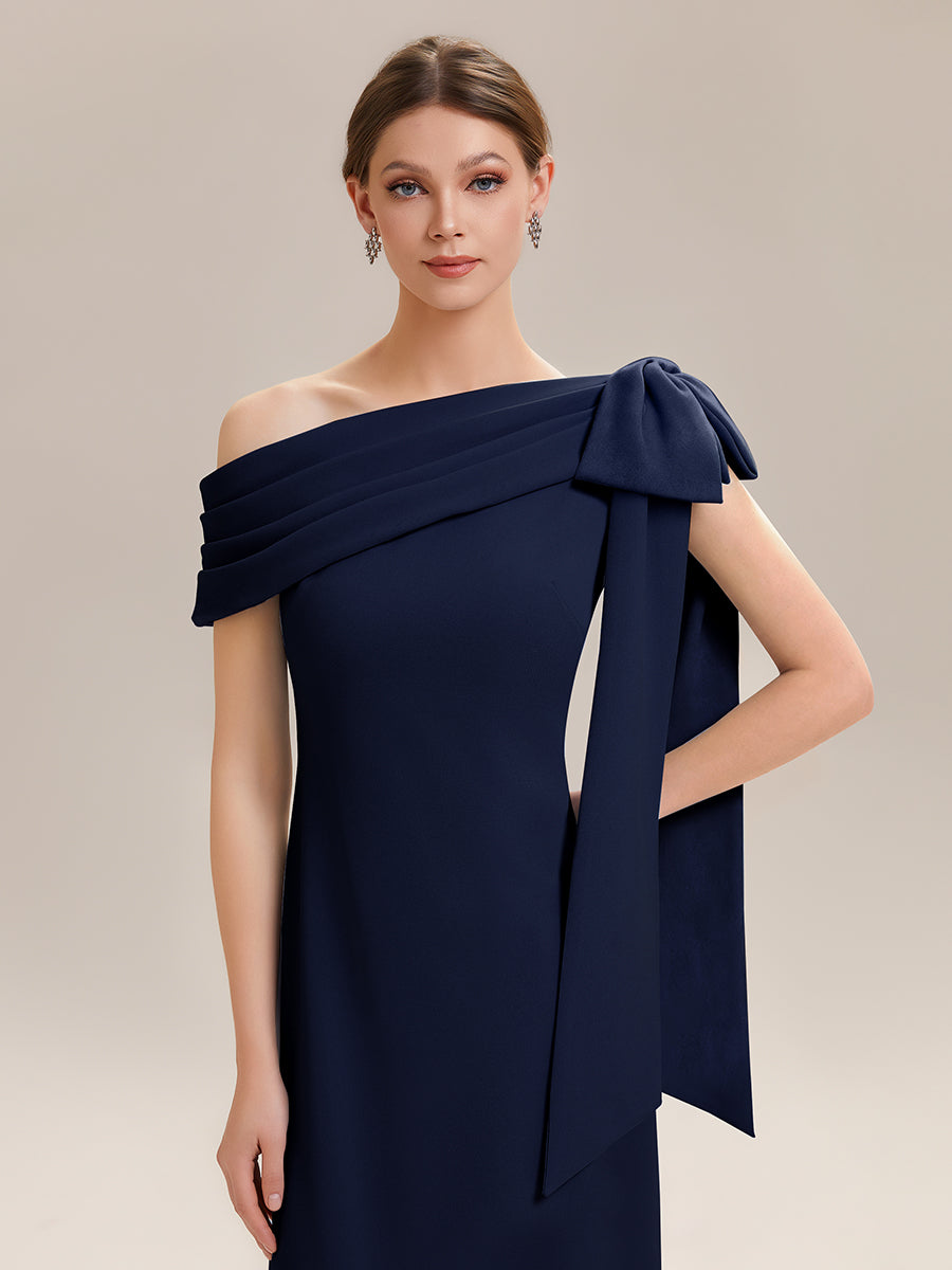 Asymmetric Shoulder with Bow Knit Wedding Guest Dress #color_Navy Blue
