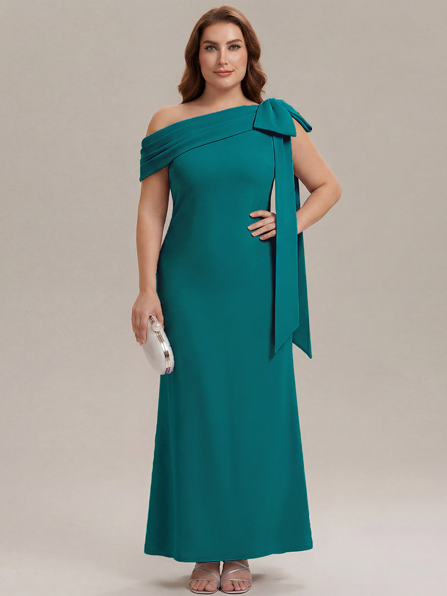 Asymmetric Shoulder with Bow Knit Wedding Guest Dress #color_Teal Blue