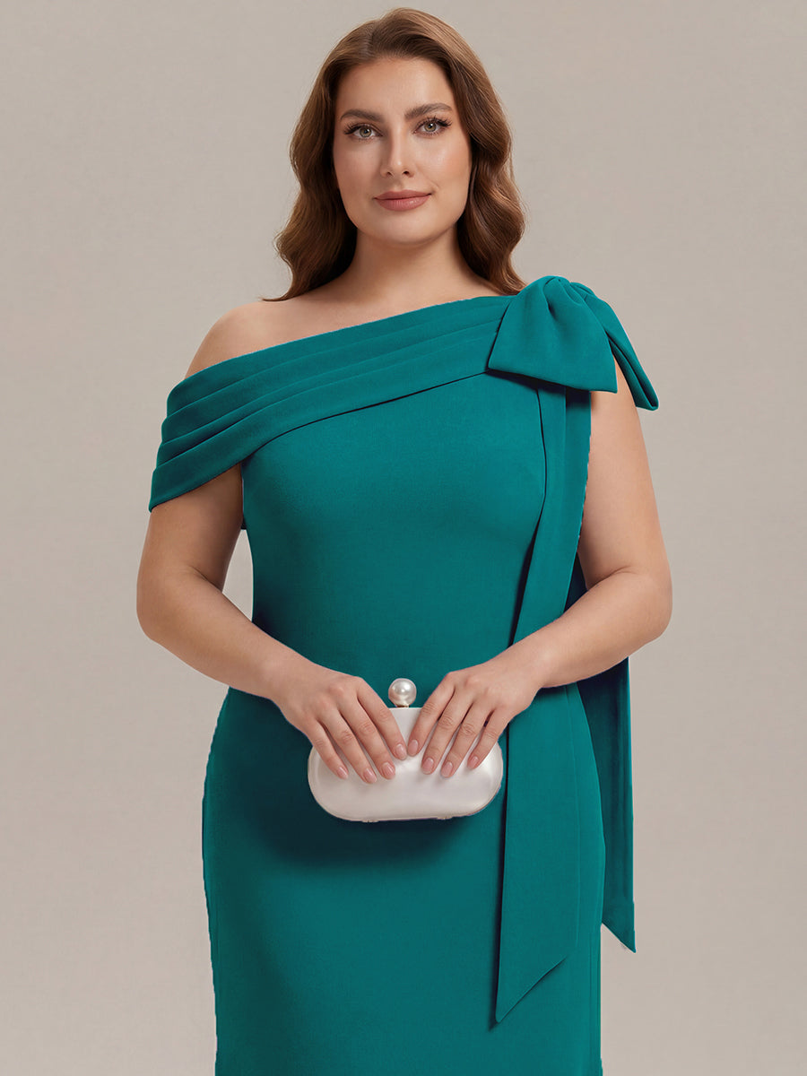 Asymmetric Shoulder with Bow Knit Wedding Guest Dress #color_Teal Blue