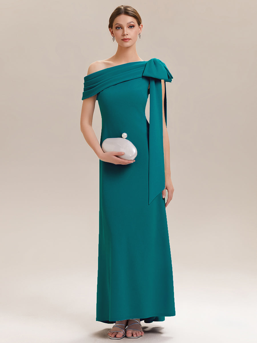Asymmetric Shoulder with Bow Knit Wedding Guest Dress #color_Teal Blue