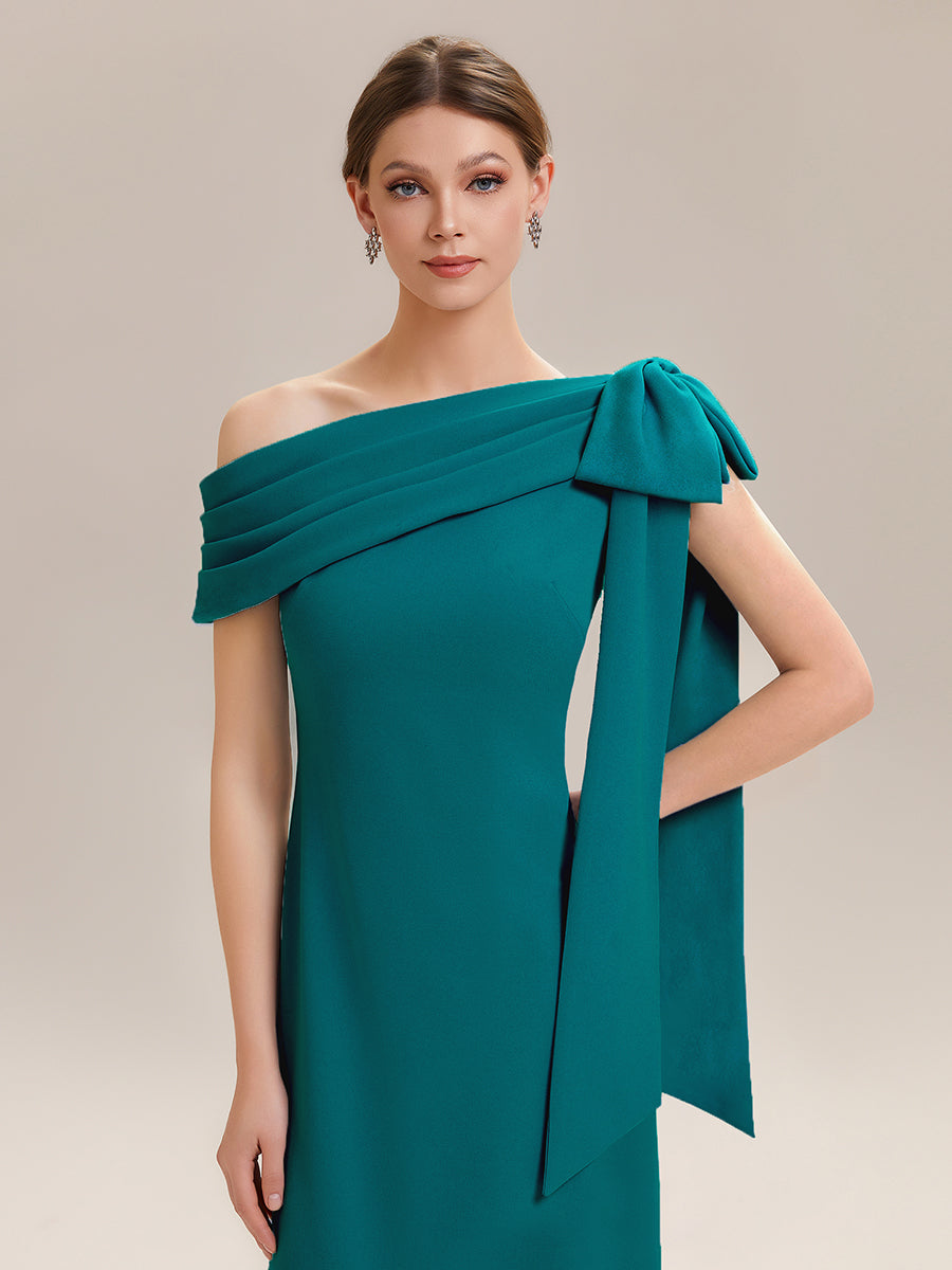 Asymmetric Shoulder with Bow Knit Wedding Guest Dress #color_Teal Blue