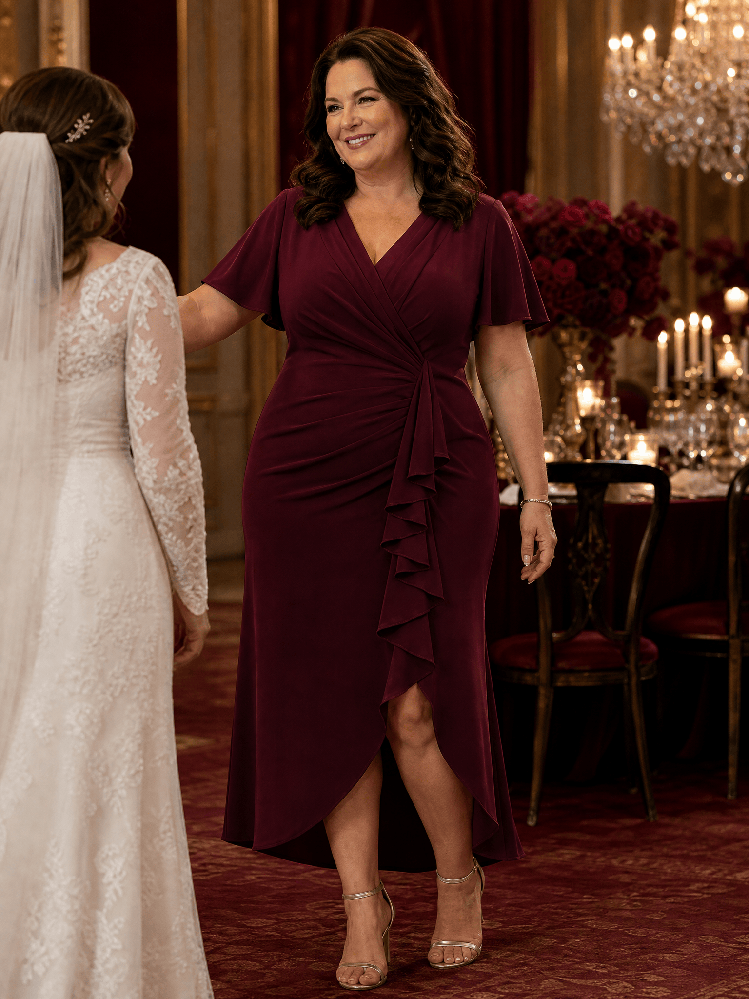 Plus Size Thigh-High Slit Knit Wedding Guest Dress #color_Burgundy