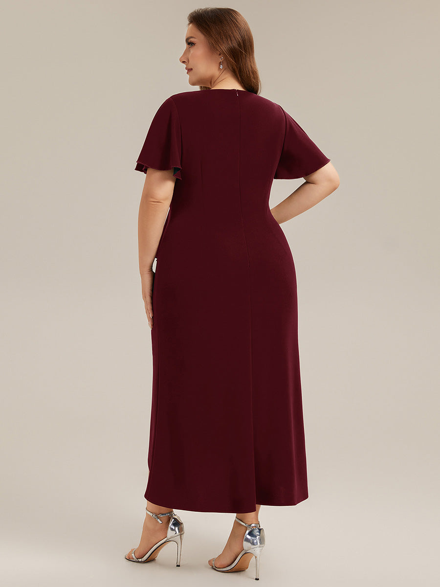 Thigh-High Slit Knit Ruffle Sleeve Wedding Guest Dress #color_Burgundy