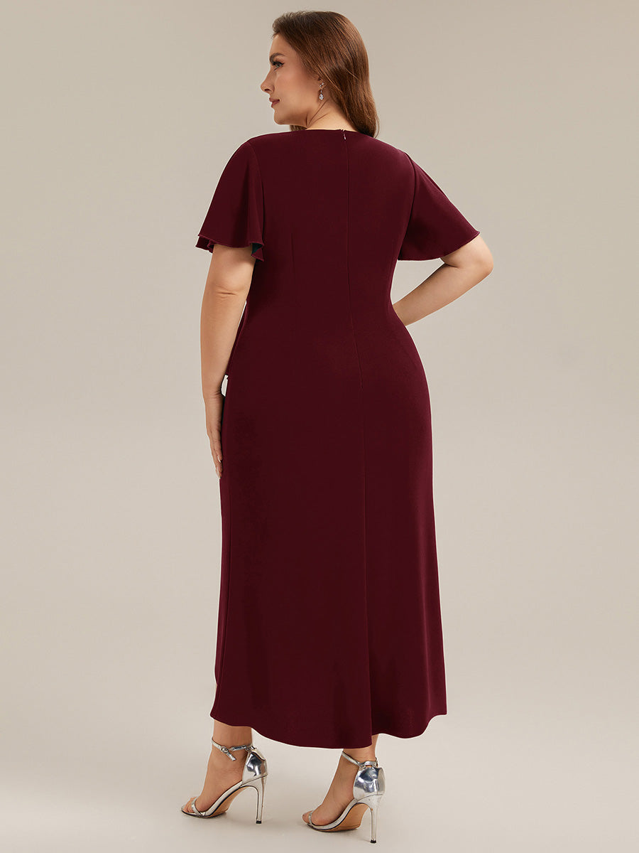 Plus Size Thigh-High Slit Knit Wedding Guest Dress #color_Burgundy