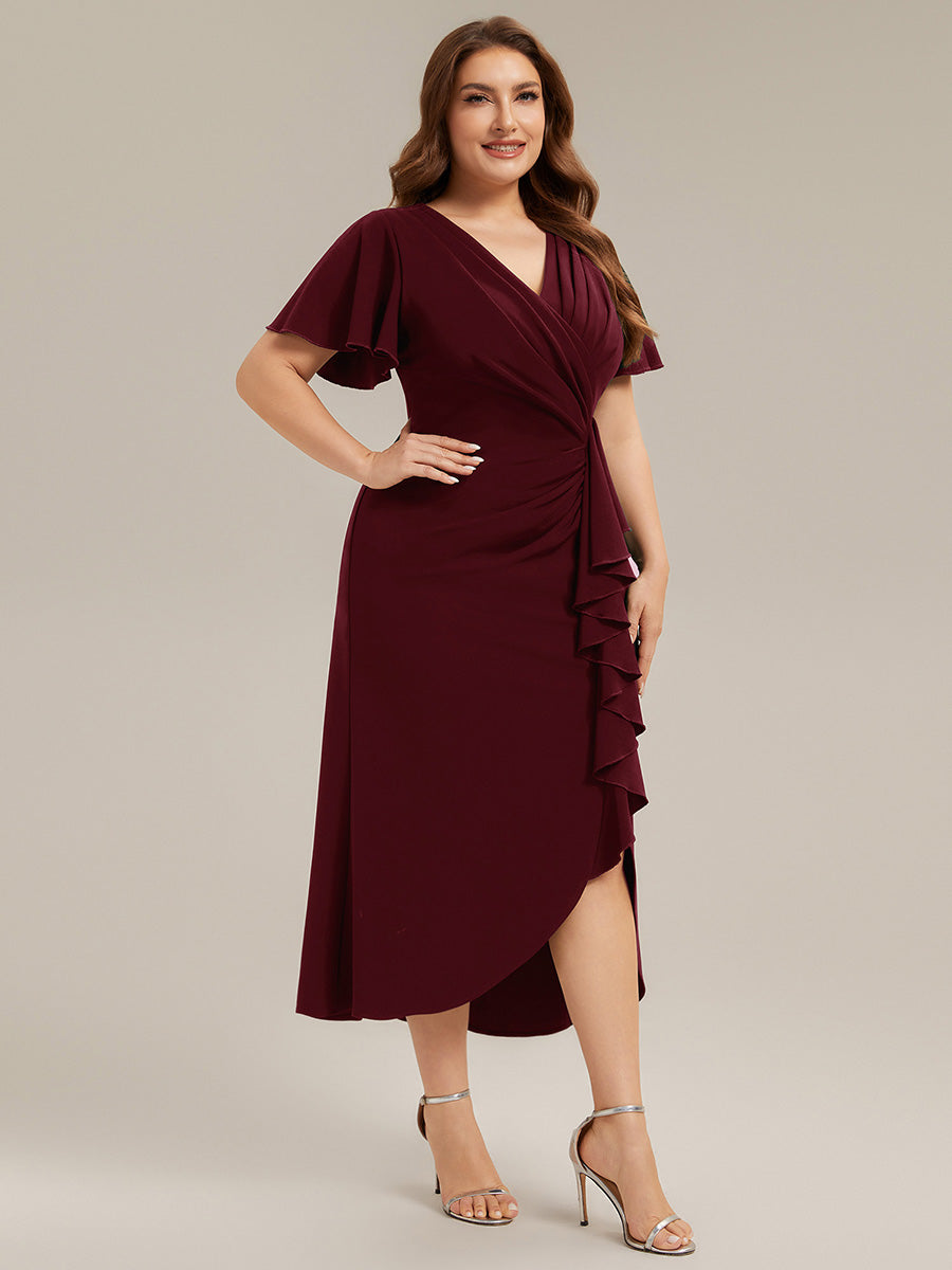 Plus Size Thigh-High Slit Knit Wedding Guest Dress #color_Burgundy