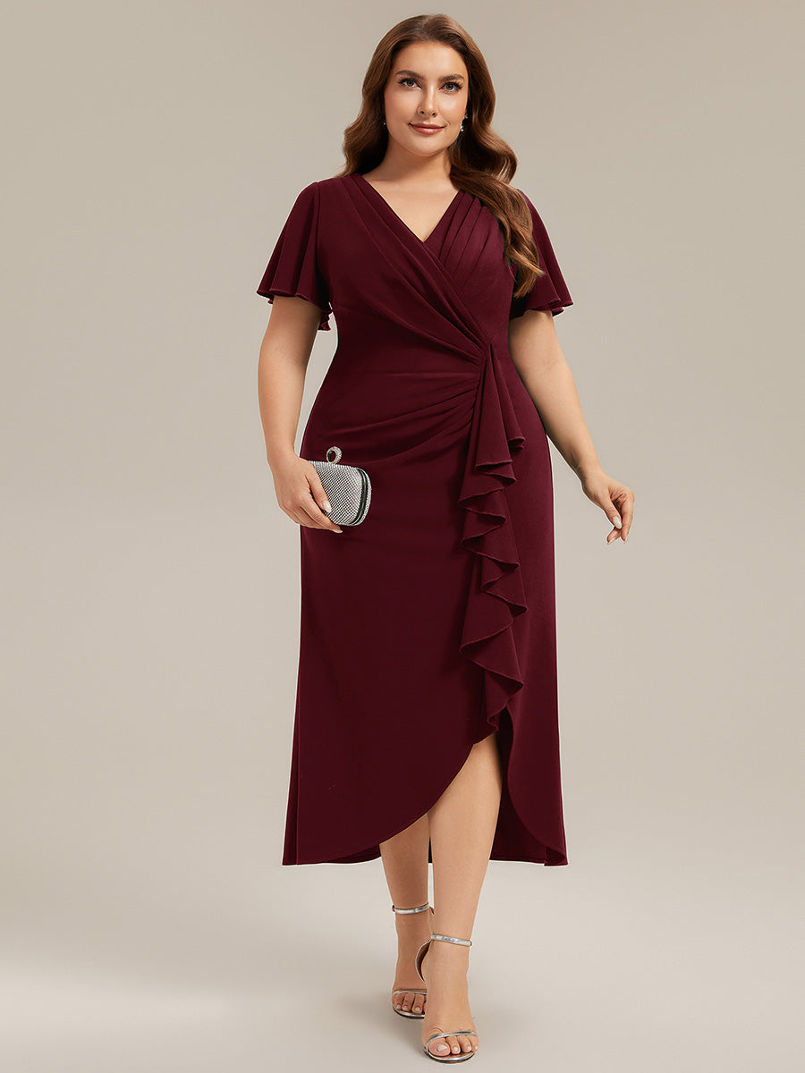 Thigh-High Slit Knit Ruffle Sleeve Wedding Guest Dress #color_Burgundy