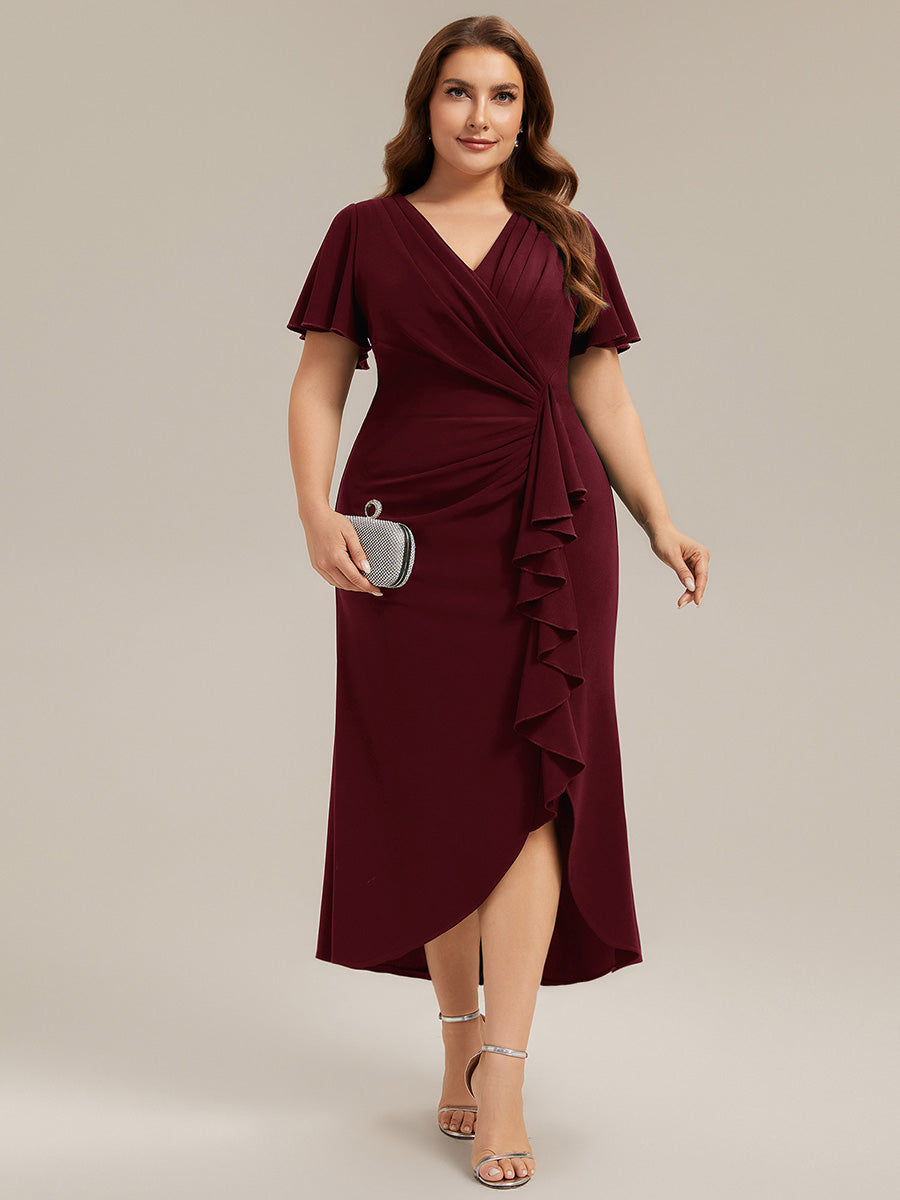 Plus Size Thigh-High Slit Knit Wedding Guest Dress #color_Burgundy