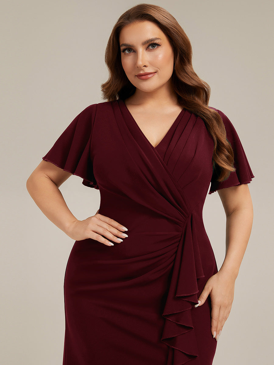 Thigh-High Slit Knit Ruffle Sleeve Wedding Guest Dress #color_Burgundy