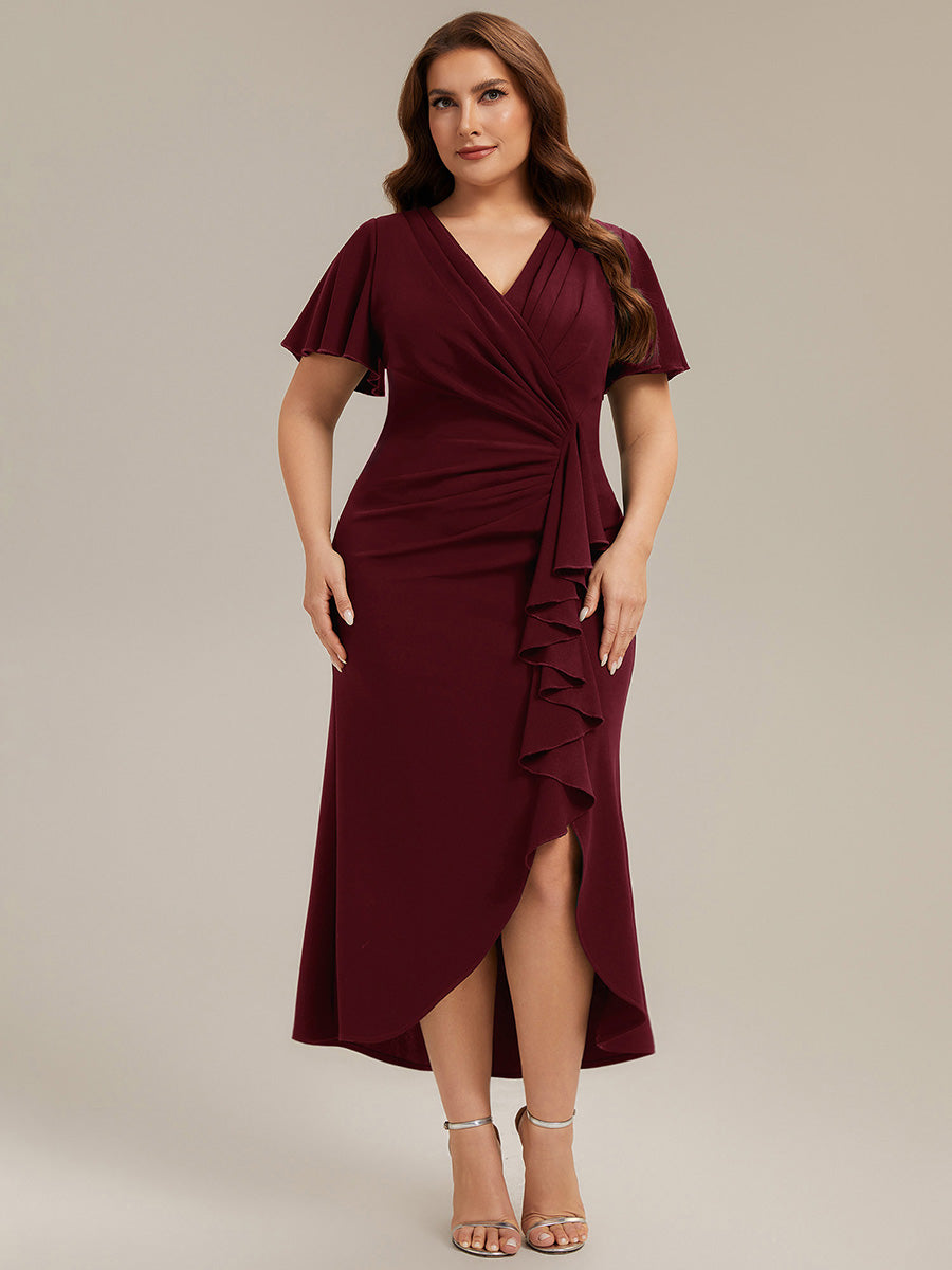 Plus Size Thigh-High Slit Knit Wedding Guest Dress #color_Burgundy
