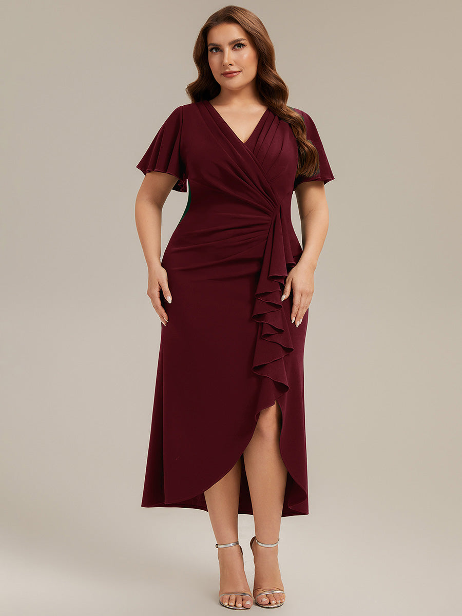 Plus Size Thigh-High Slit Knit Wedding Guest Dress #color_Burgundy