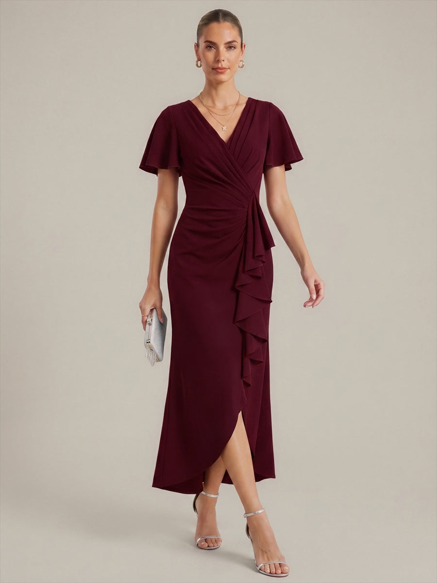 Thigh-High Slit Knit Ruffle Sleeve Wedding Guest Dress #color_Burgundy