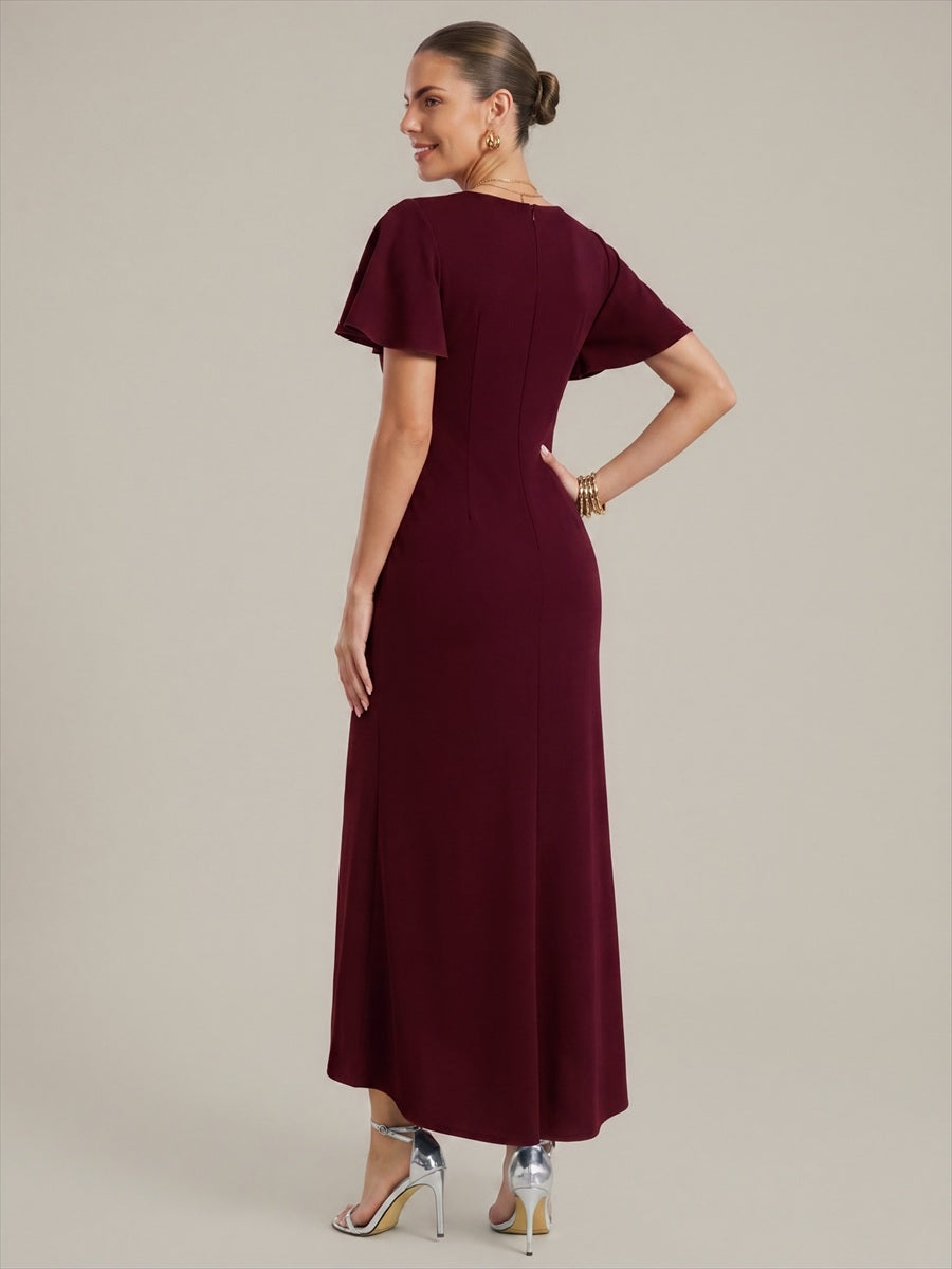 Thigh-High Slit Knit Ruffle Sleeve Wedding Guest Dress #color_Burgundy