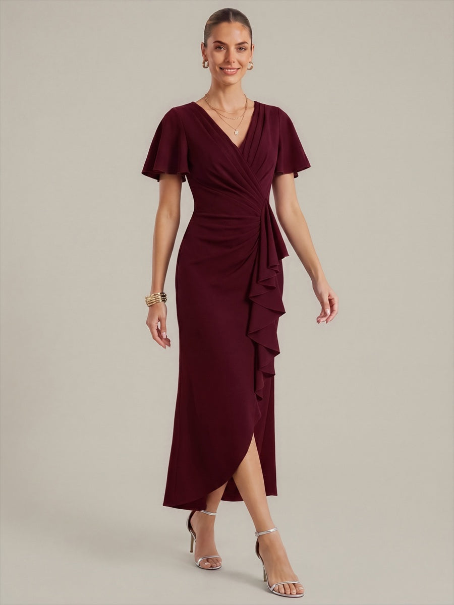 Thigh-High Slit Knit Ruffle Sleeve Wedding Guest Dress #color_Burgundy