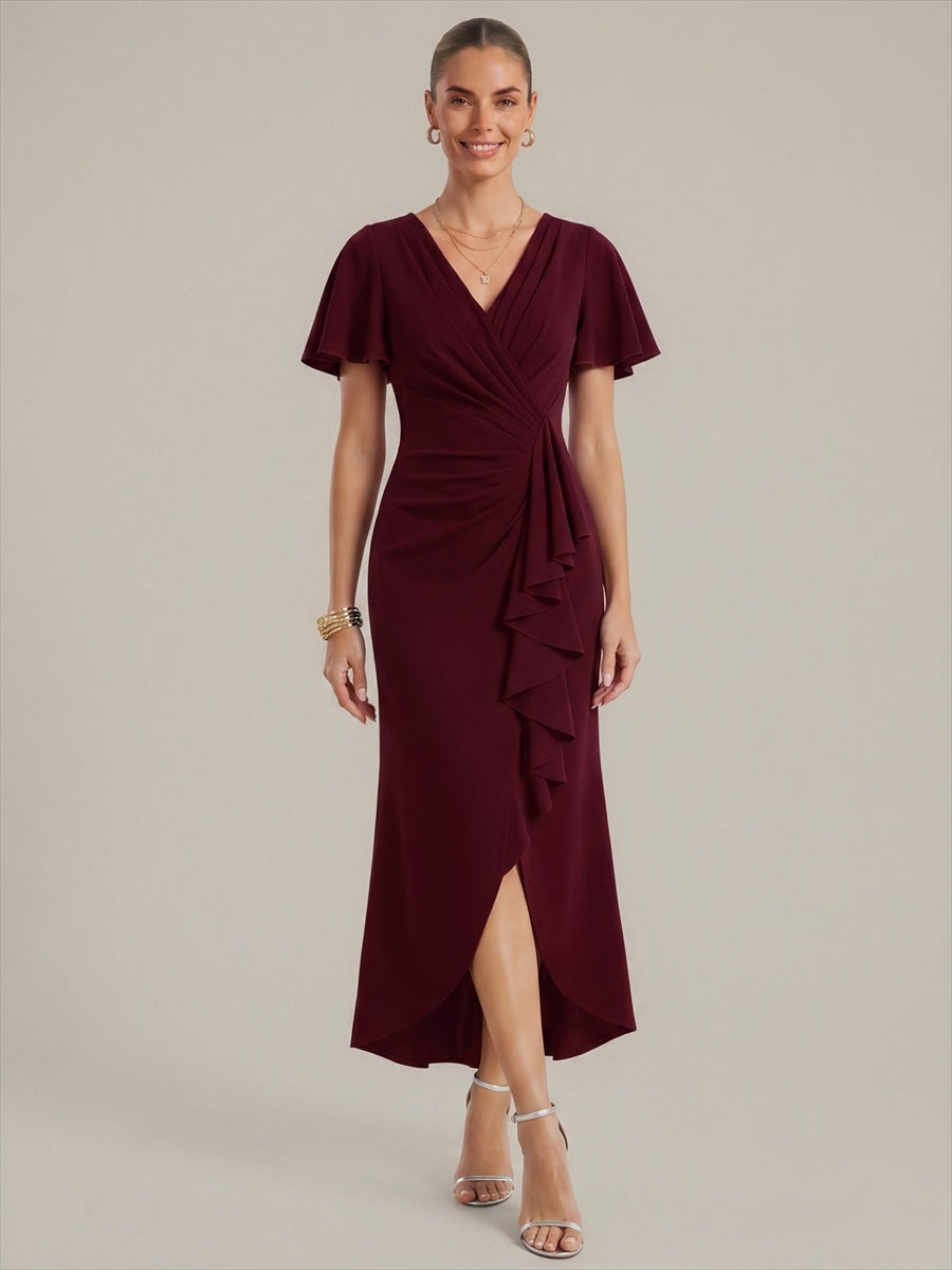Thigh-High Slit Knit Ruffle Sleeve Wedding Guest Dress #color_Burgundy