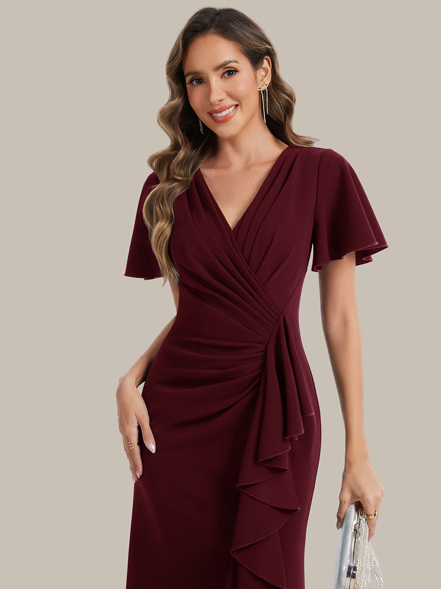 Thigh-High Slit Knit Ruffle Sleeve Wedding Guest Dress #color_Burgundy