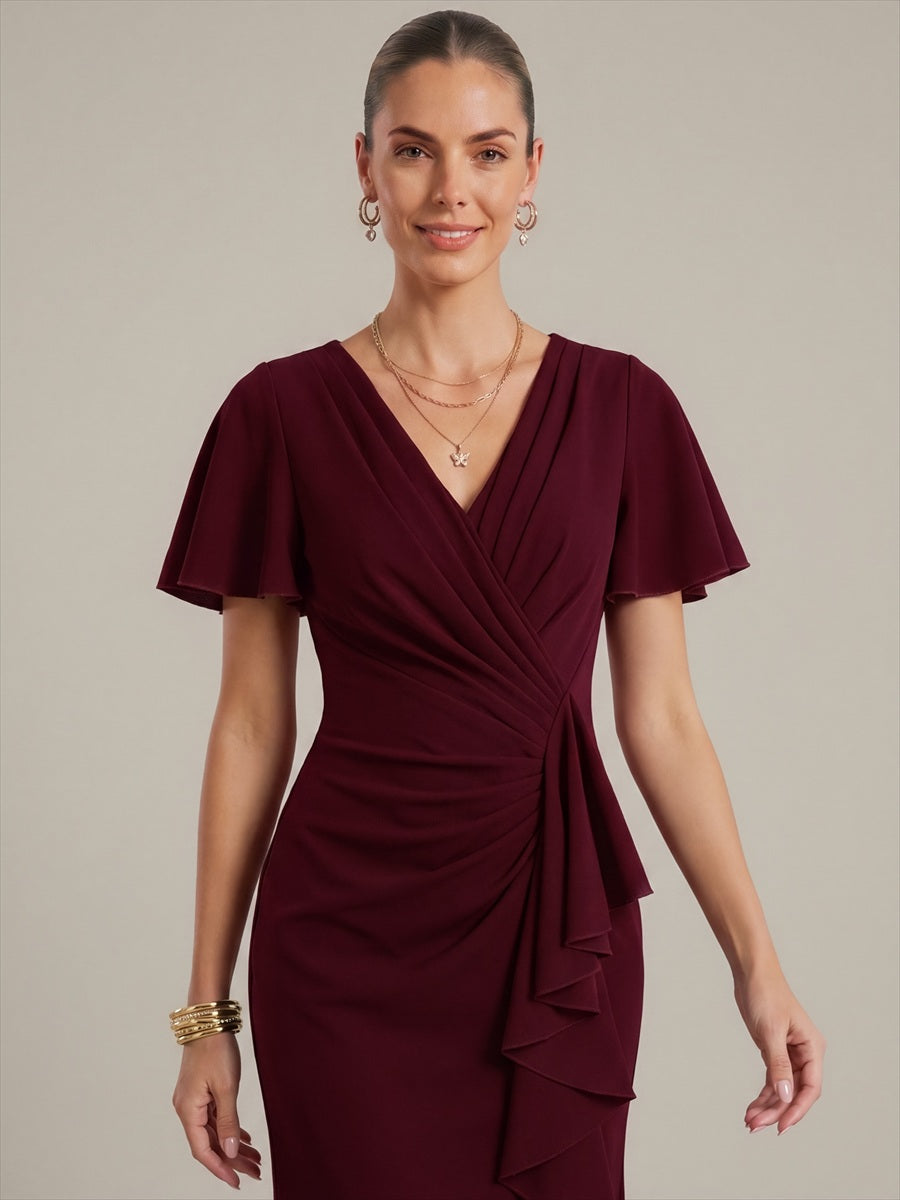 Thigh-High Slit Knit Ruffle Sleeve Wedding Guest Dress #color_Burgundy