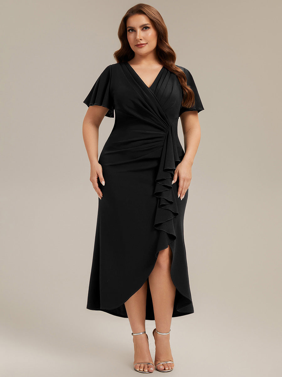 Thigh-High Slit Knit Ruffle Sleeve Wedding Guest Dress #color_Black