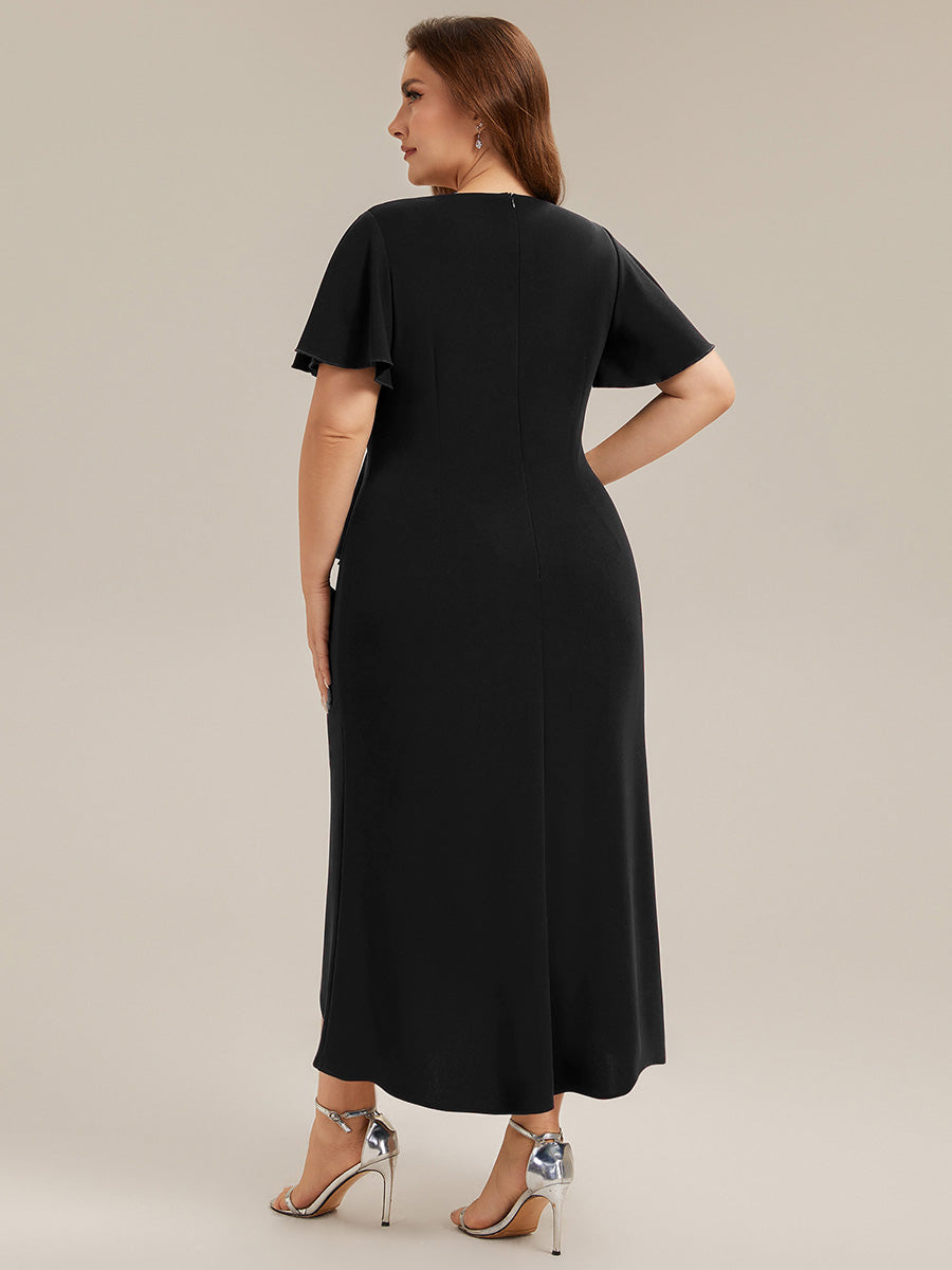 Thigh-High Slit Knit Ruffle Sleeve Wedding Guest Dress #color_Black