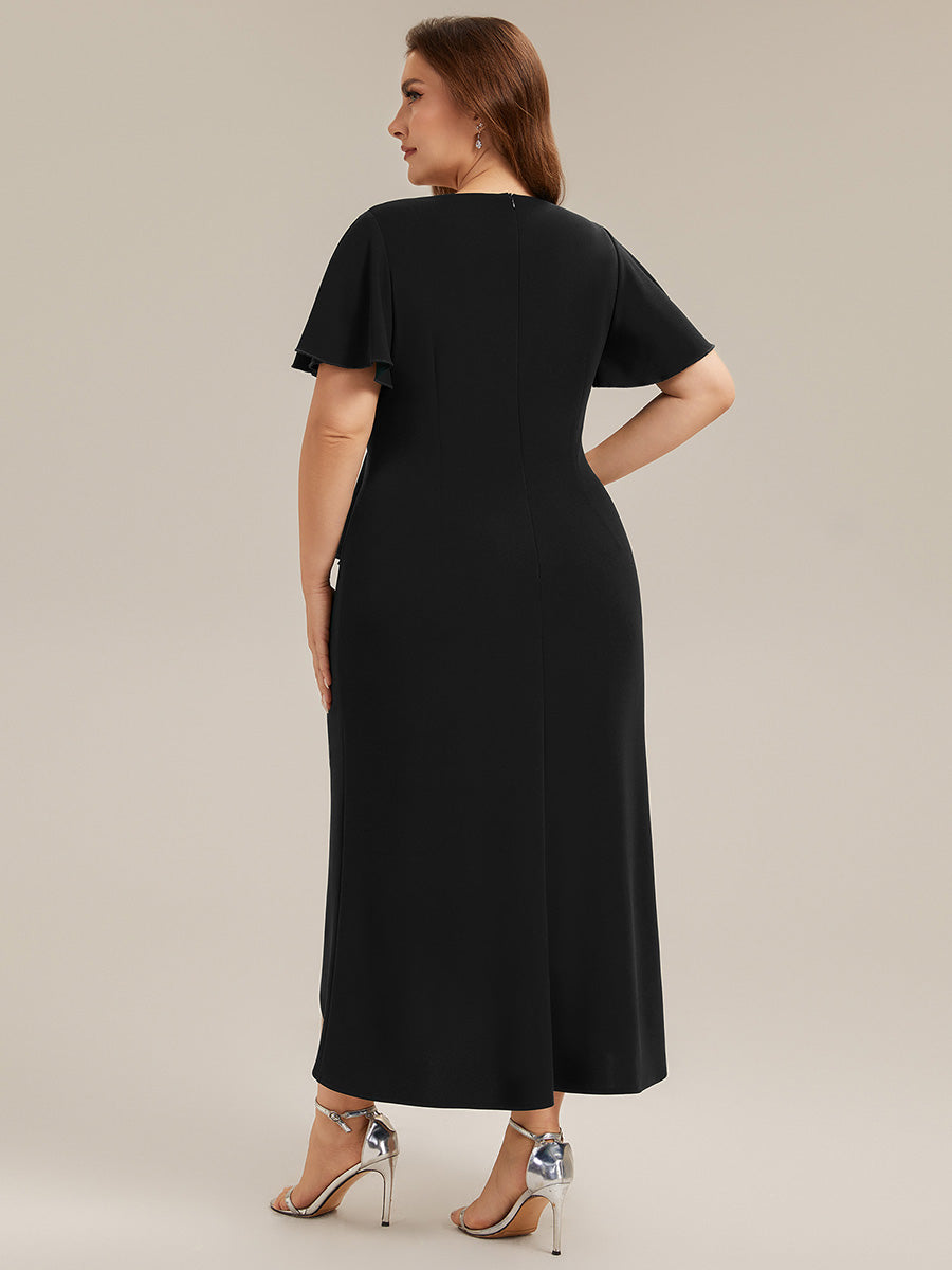 Plus Size Thigh-High Slit Knit Wedding Guest Dress #color_Black