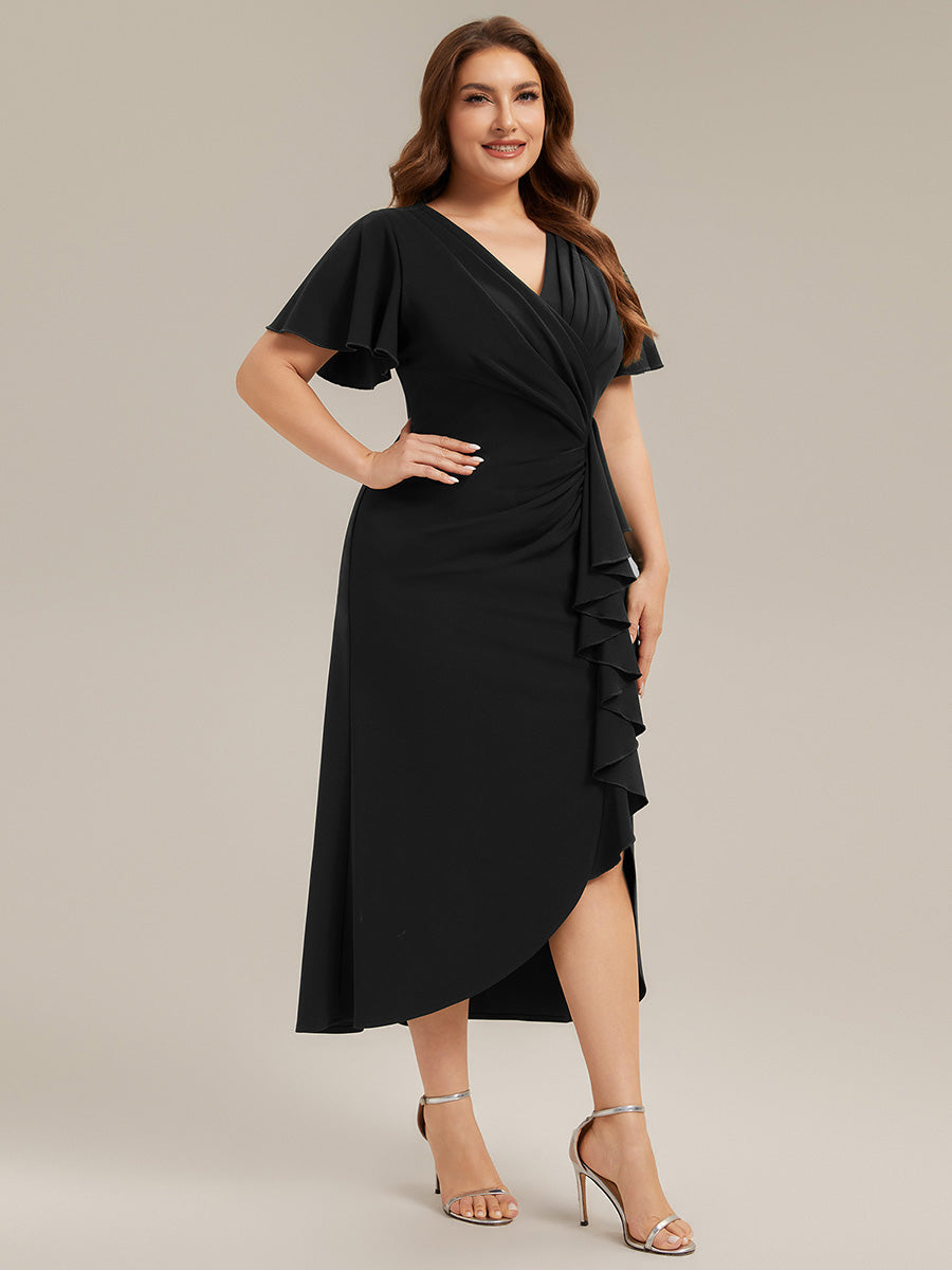 Plus Size Thigh-High Slit Knit Wedding Guest Dress #color_Black