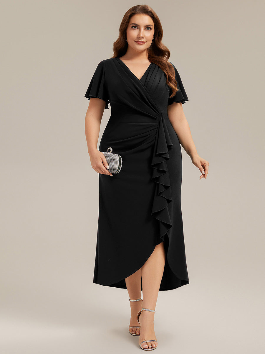 Thigh-High Slit Knit Ruffle Sleeve Wedding Guest Dress #color_Black