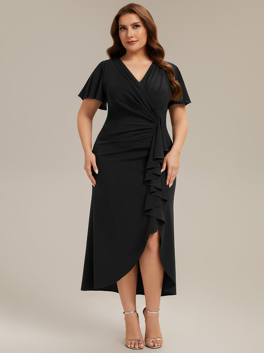 Plus Size Thigh-High Slit Knit Wedding Guest Dress #color_Black