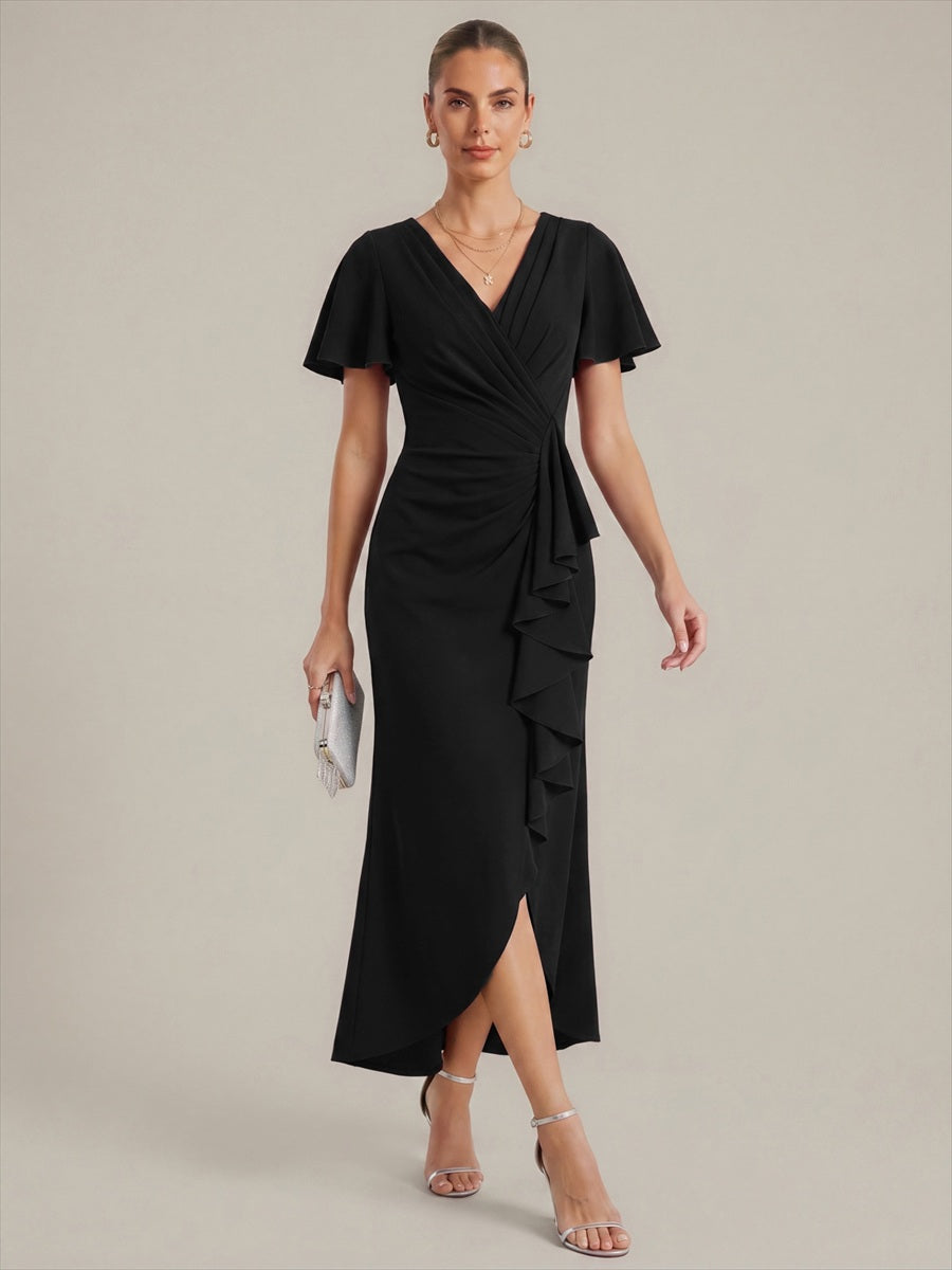 Thigh-High Slit Knit Ruffle Sleeve Wedding Guest Dress #color_Black