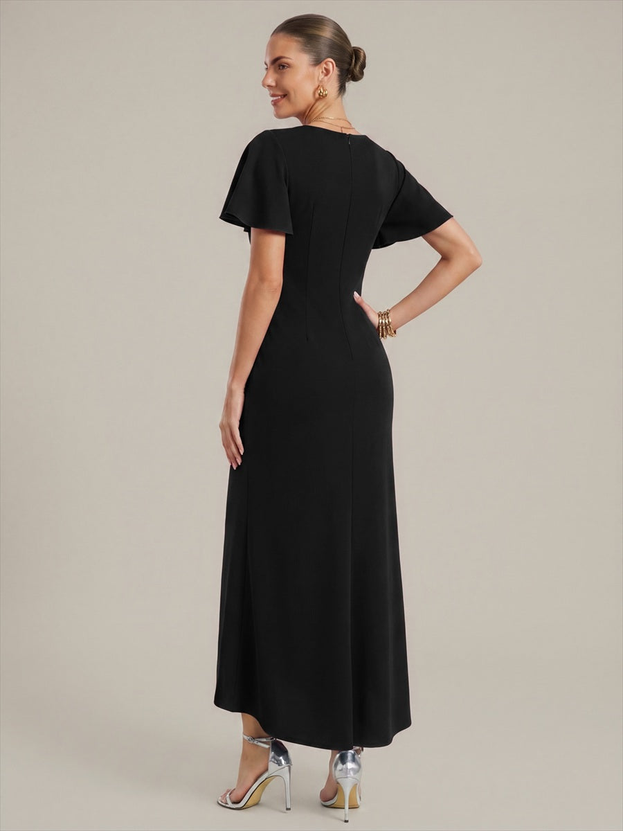 Thigh-High Slit Knit Ruffle Sleeve Wedding Guest Dress #color_Black