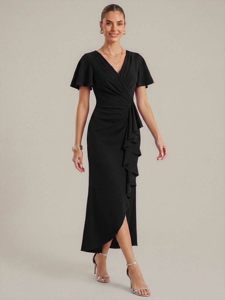 Thigh-High Slit Knit Ruffle Sleeve Wedding Guest Dress #color_Black