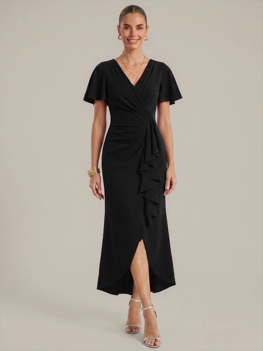 Thigh-High Slit Knit Ruffle Sleeve Wedding Guest Dress #color_Black