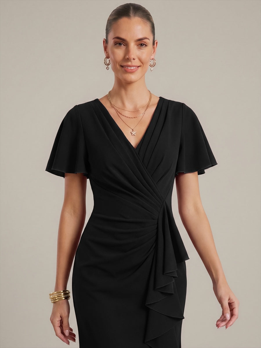 Thigh-High Slit Knit Ruffle Sleeve Wedding Guest Dress #color_Black