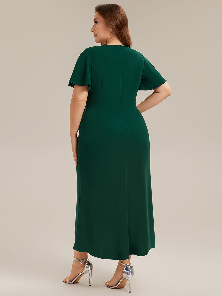 Plus Size Thigh-High Slit Knit Wedding Guest Dress #color_Dark Green