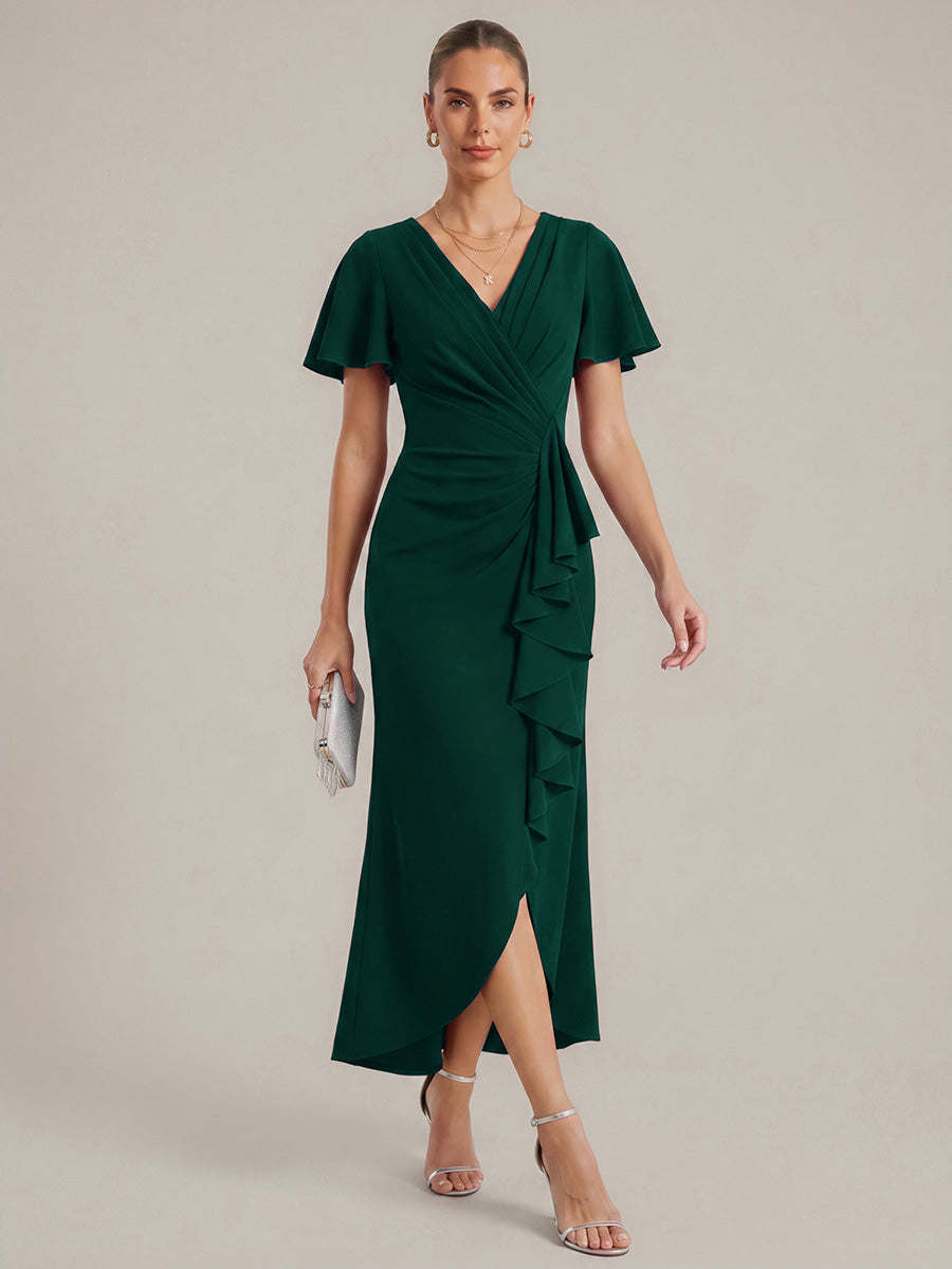Thigh-High Slit Knit Ruffle Sleeve Wedding Guest Dress #color_Dark Green