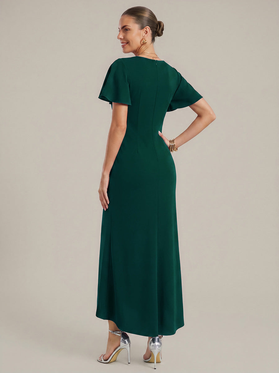 Thigh-High Slit Knit Ruffle Sleeve Wedding Guest Dress #color_Dark Green