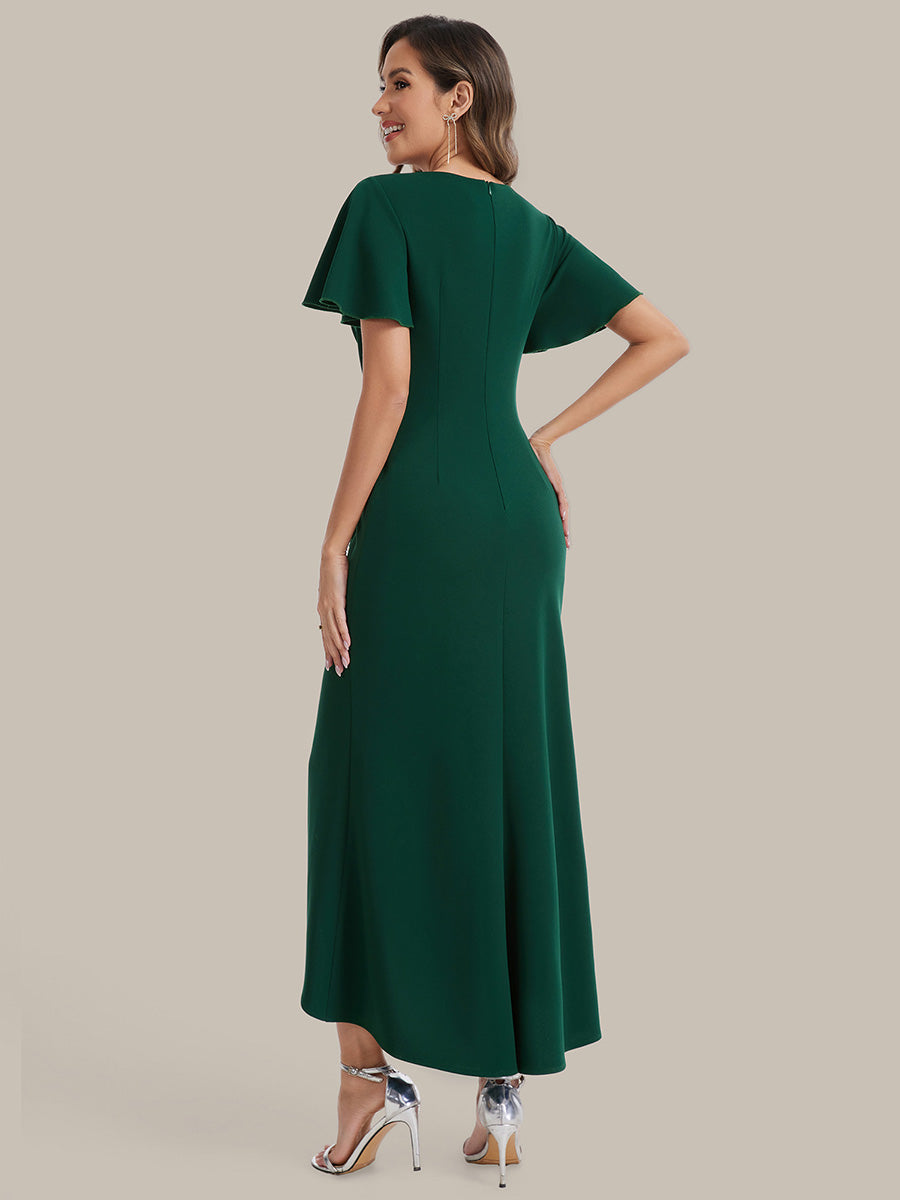 Thigh-High Slit Knit Ruffle Sleeve Wedding Guest Dress #color_Dark Green