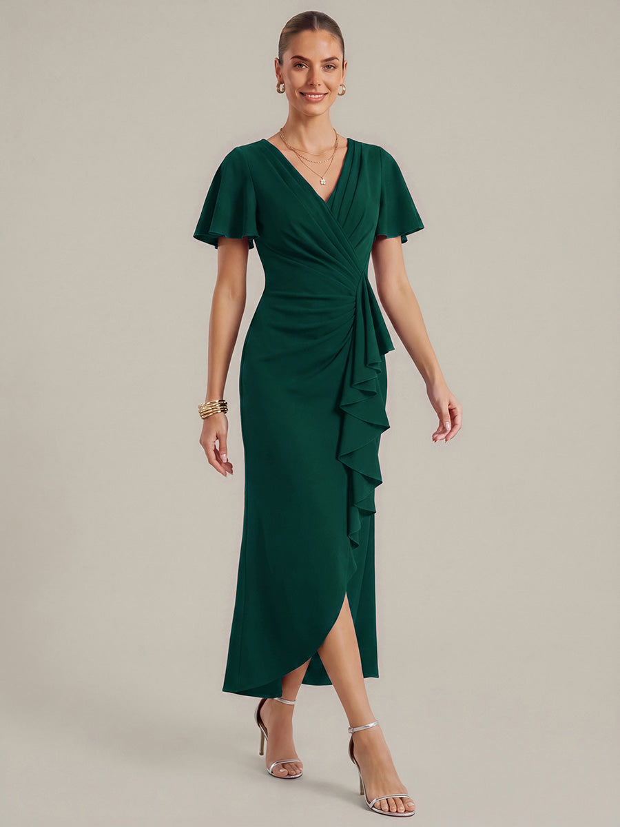 Thigh-High Slit Knit Ruffle Sleeve Wedding Guest Dress #color_Dark Green