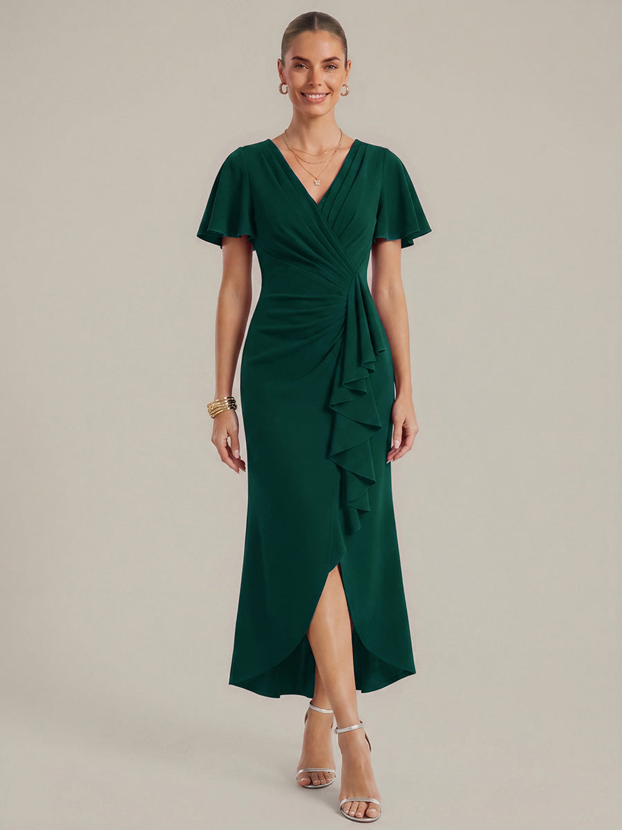 Thigh-High Slit Knit Ruffle Sleeve Wedding Guest Dress #color_Dark Green