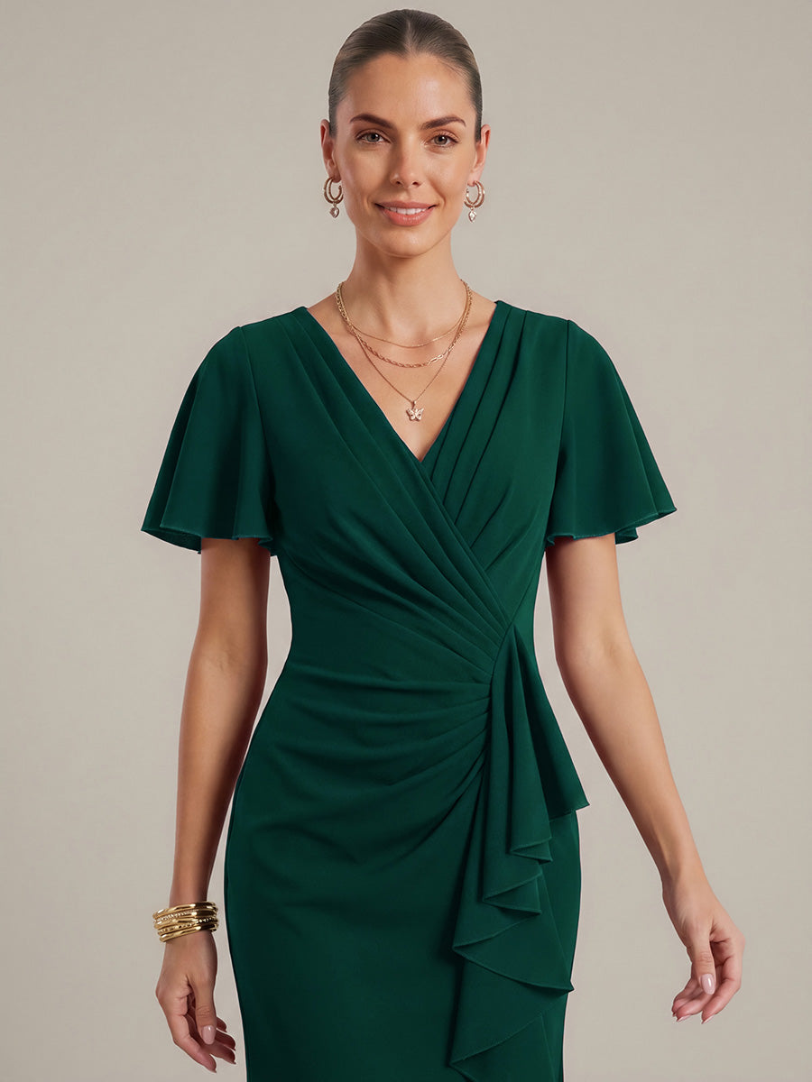 Thigh-High Slit Knit Ruffle Sleeve Wedding Guest Dress #color_Dark Green