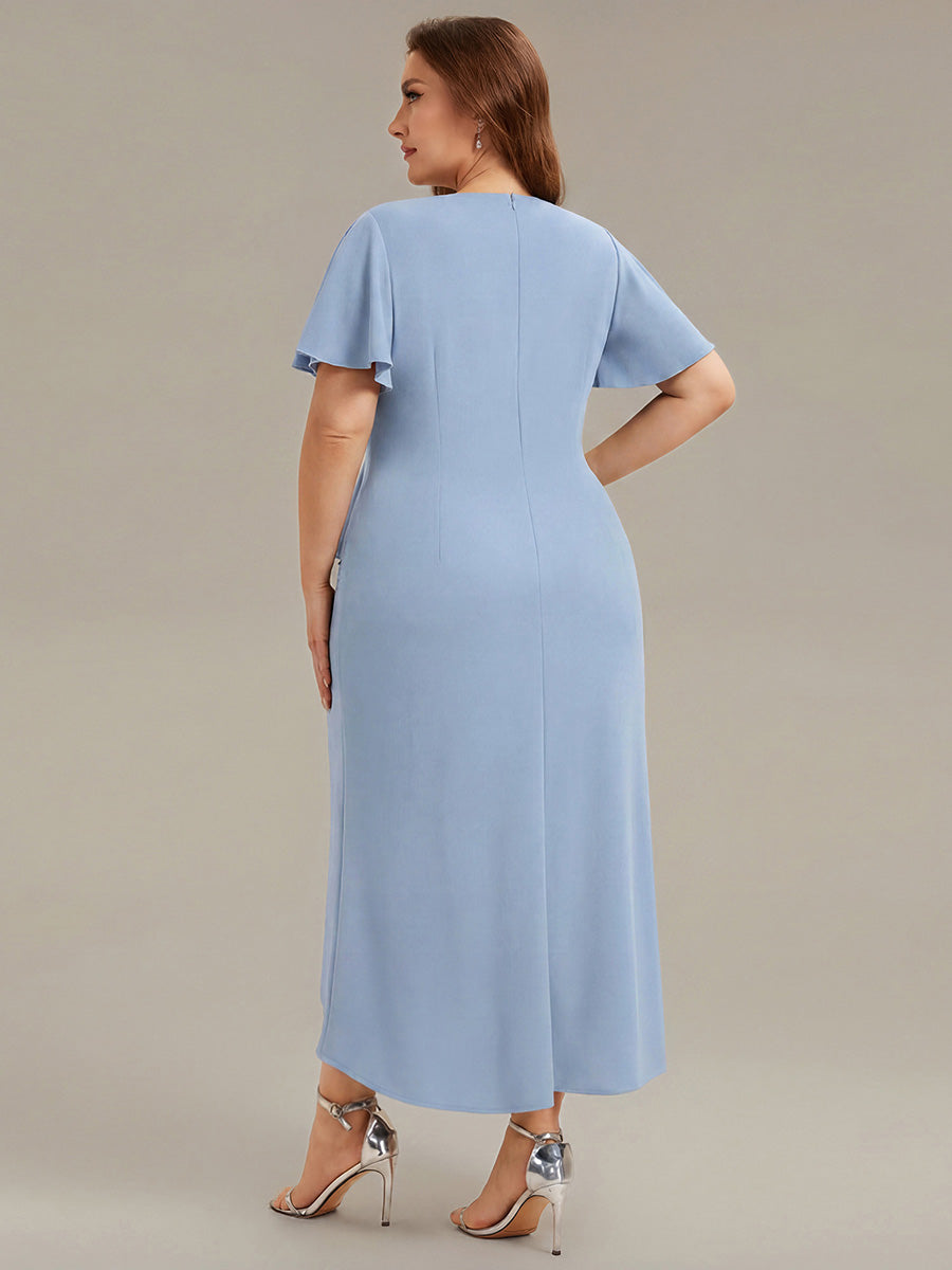 Plus Size Thigh-High Slit Knit Wedding Guest Dress #color_Ice Blue