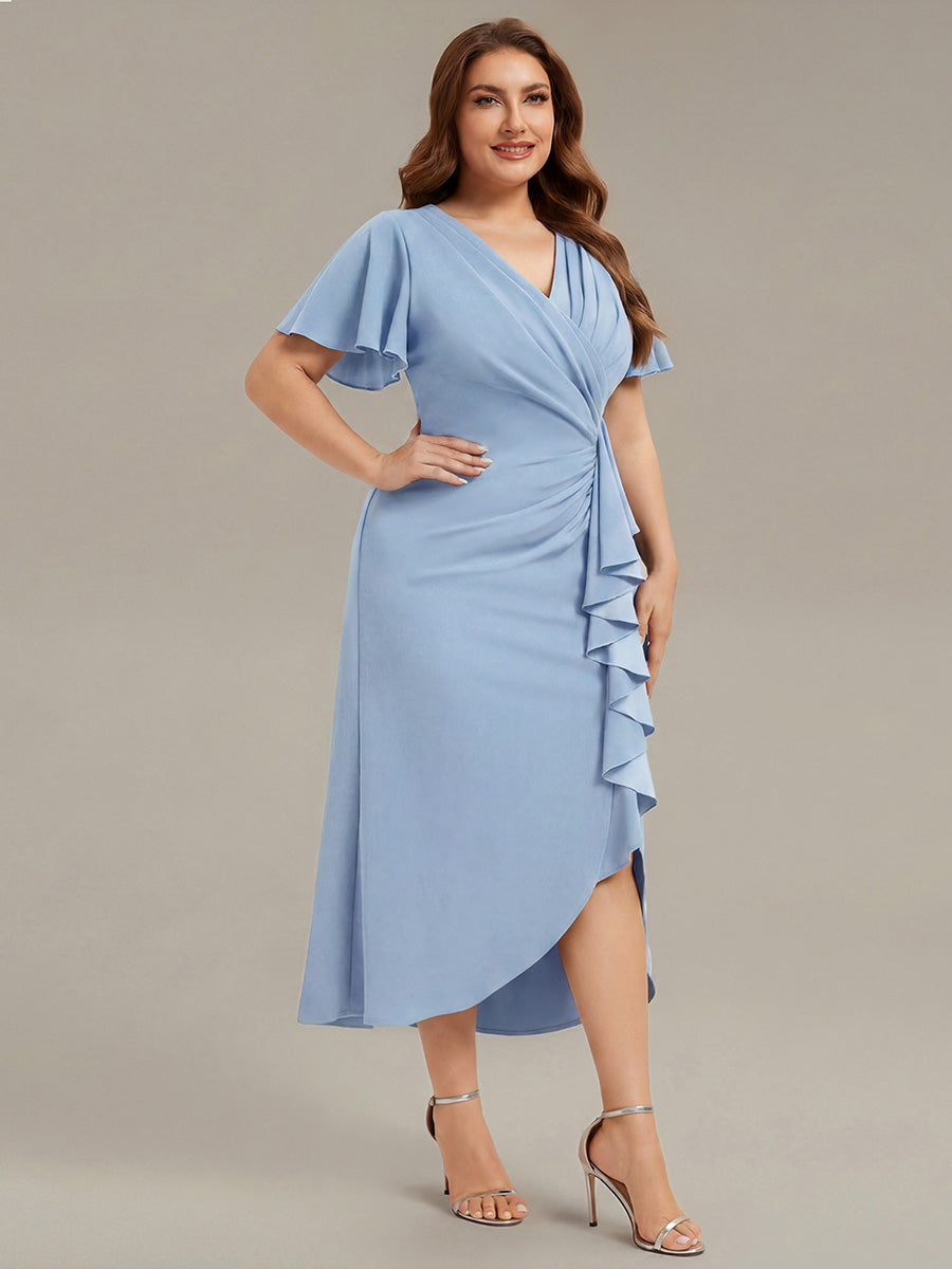 Plus Size Thigh-High Slit Knit Wedding Guest Dress #color_Ice Blue