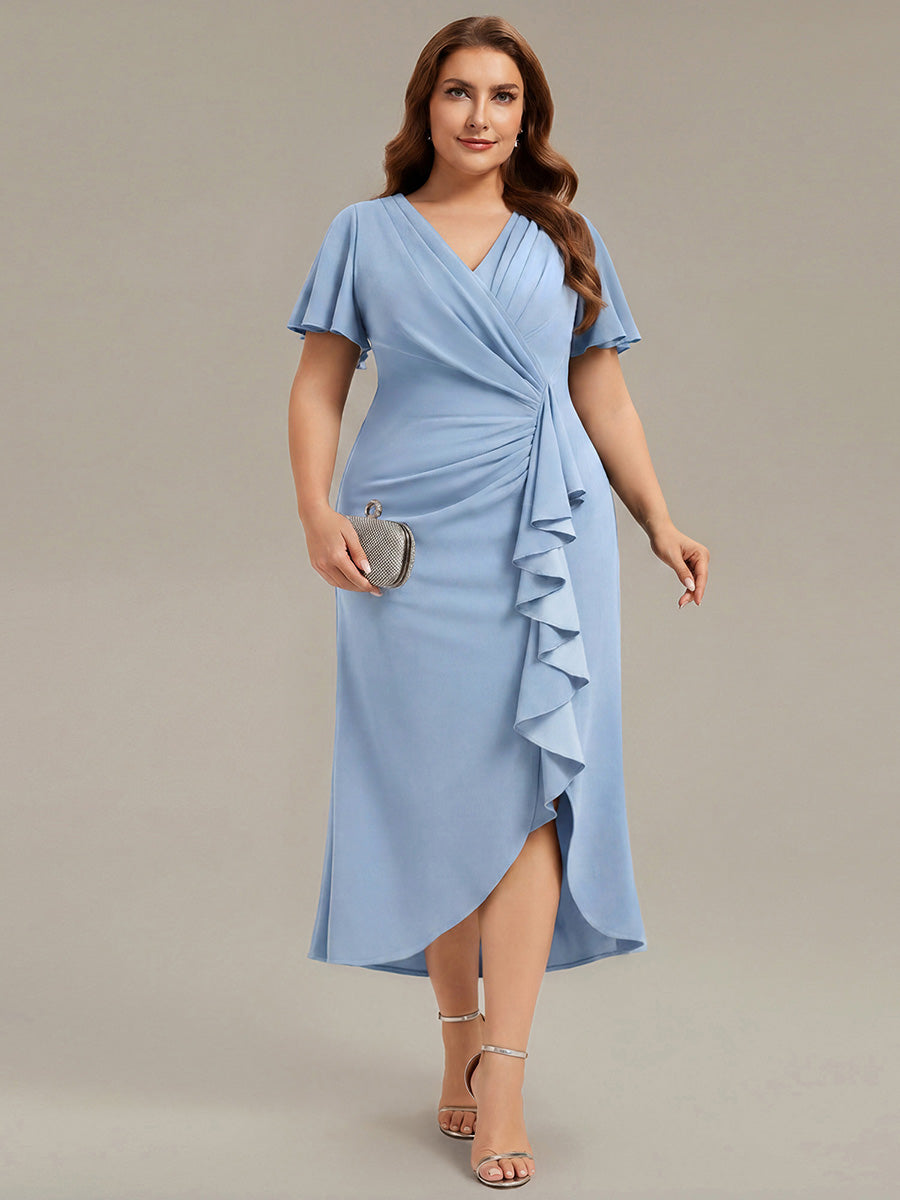 Thigh-High Slit Knit Ruffle Sleeve Wedding Guest Dress #color_Ice Blue