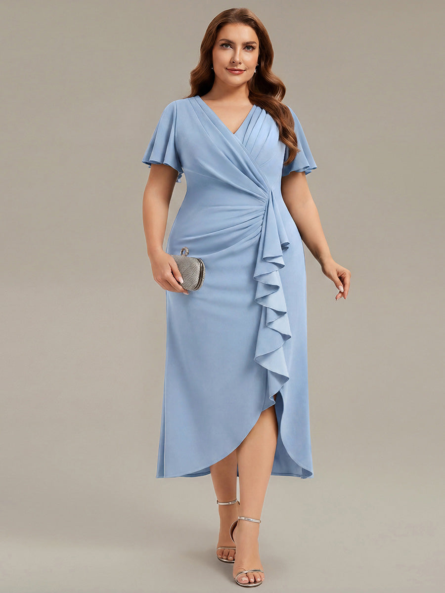 Plus Size Thigh-High Slit Knit Wedding Guest Dress #color_Ice Blue