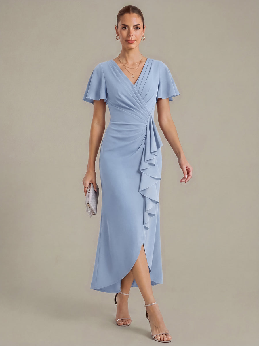 Thigh-High Slit Knit Ruffle Sleeve Wedding Guest Dress #color_Ice Blue