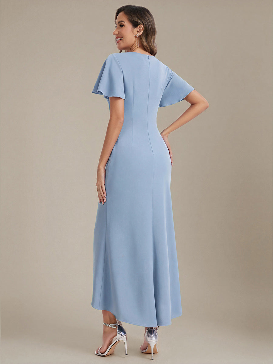 Thigh-High Slit Knit Ruffle Sleeve Wedding Guest Dress #color_Ice Blue