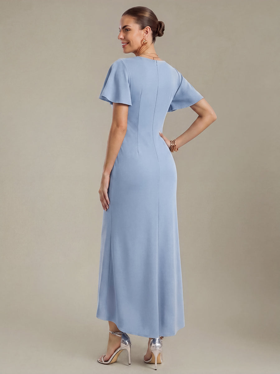 Thigh-High Slit Knit Ruffle Sleeve Wedding Guest Dress #color_Ice Blue