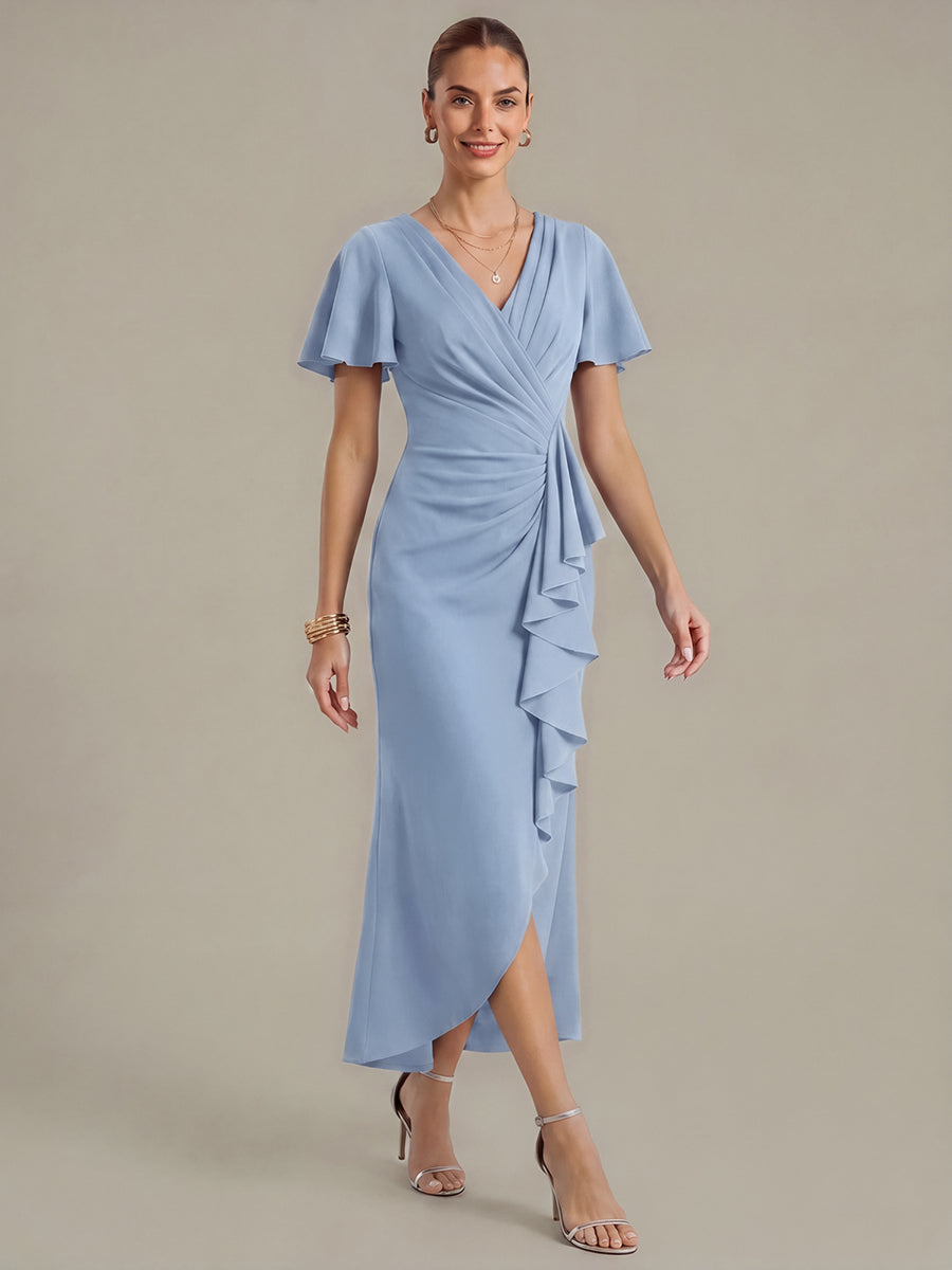 Thigh-High Slit Knit Ruffle Sleeve Wedding Guest Dress #color_Ice Blue