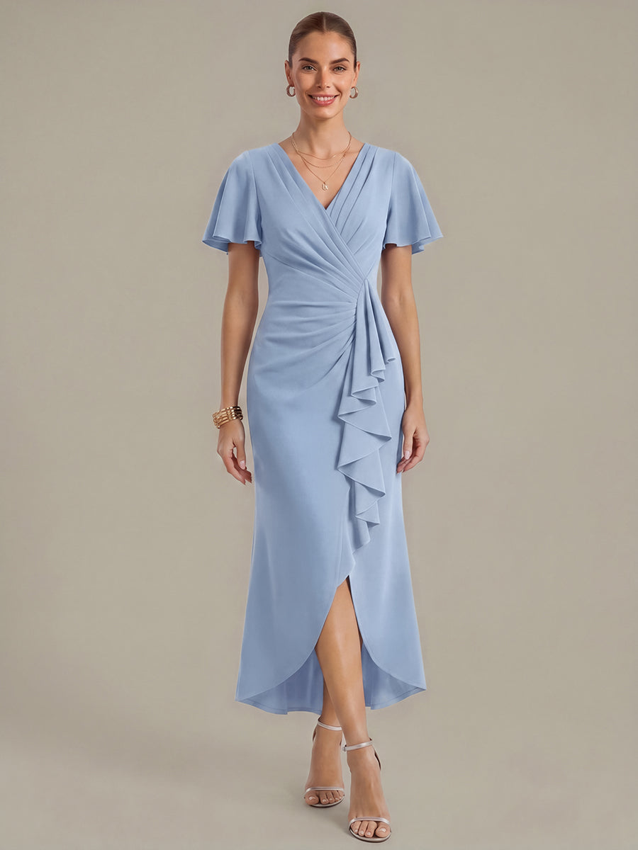 Thigh-High Slit Knit Ruffle Sleeve Wedding Guest Dress #color_Ice Blue