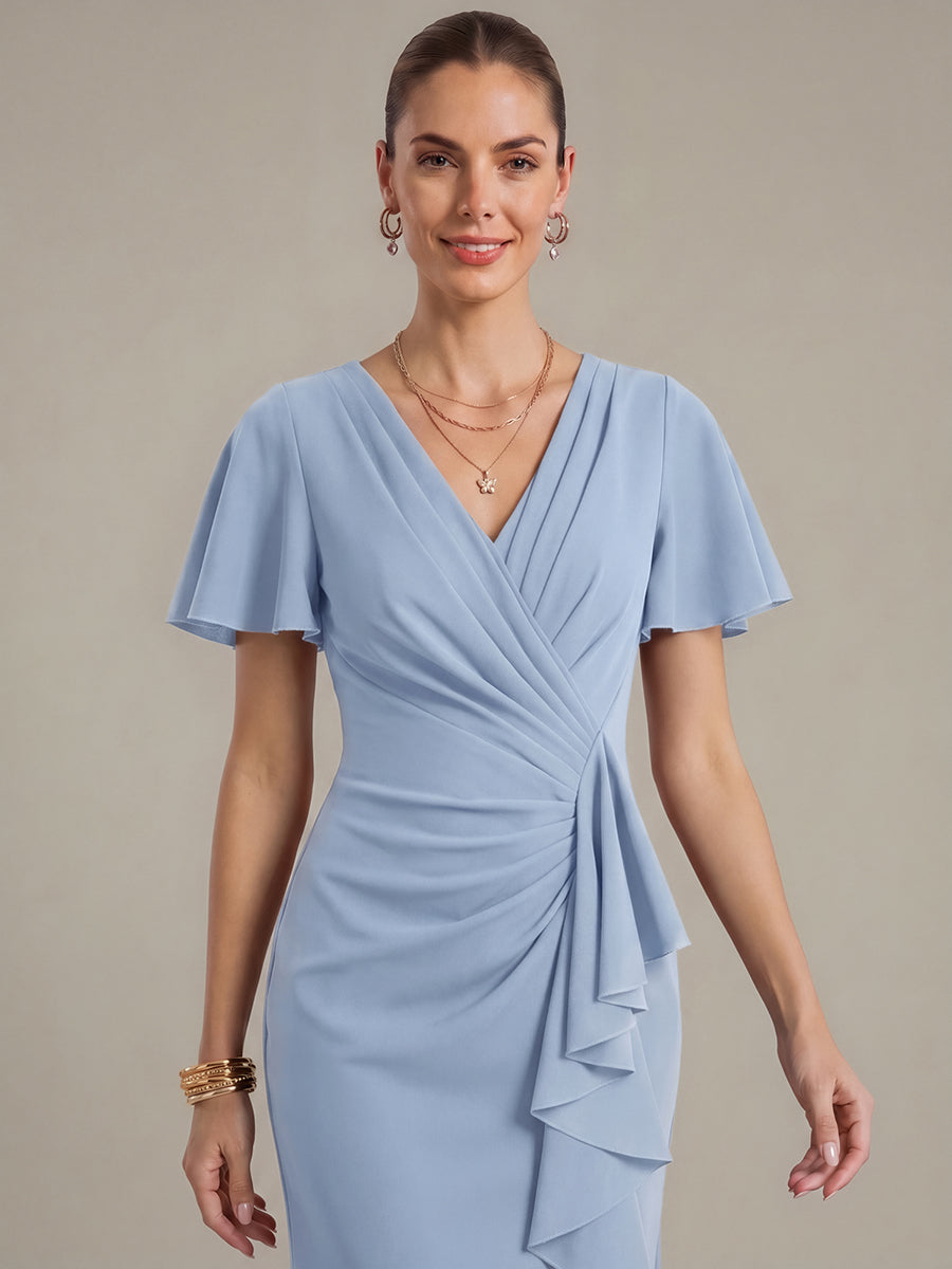 Thigh-High Slit Knit Ruffle Sleeve Wedding Guest Dress #color_Ice Blue