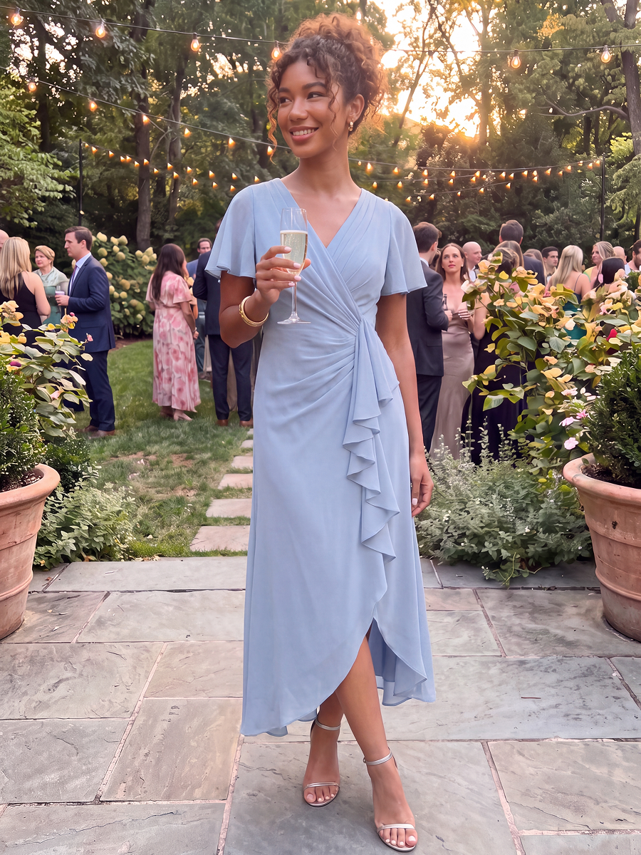 Thigh-High Slit Knit Ruffle Sleeve Wedding Guest Dress #color_Ice Blue