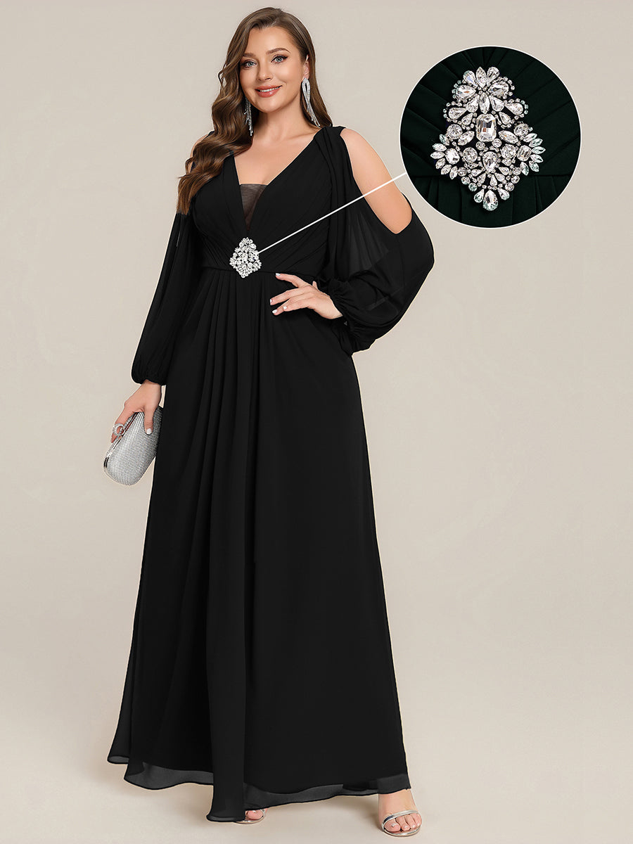 Rhinestone Embellished Chiffon Lantern Sleeve Wedding Guest Dress #color_Black